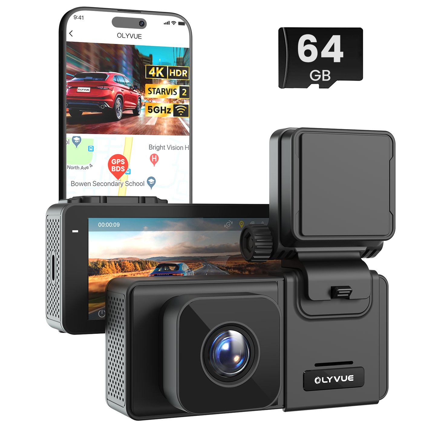 OLYVUE V66 4K HDR Dash Cam with Dual Sony STARVIS 2 Sensors Super Night Vision 5GHz Wi-Fi