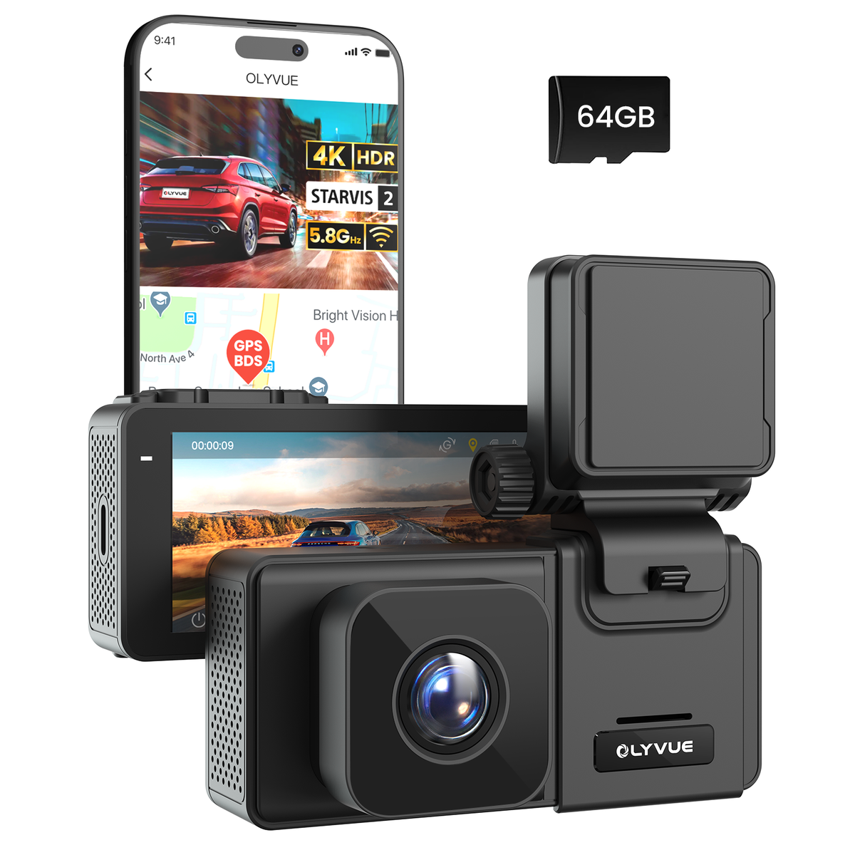 OLYVUE V66 4K HDR Dash Cam with Dual Sony STARVIS 2 Sensors Super Night Vision 5GHz Wi-Fi