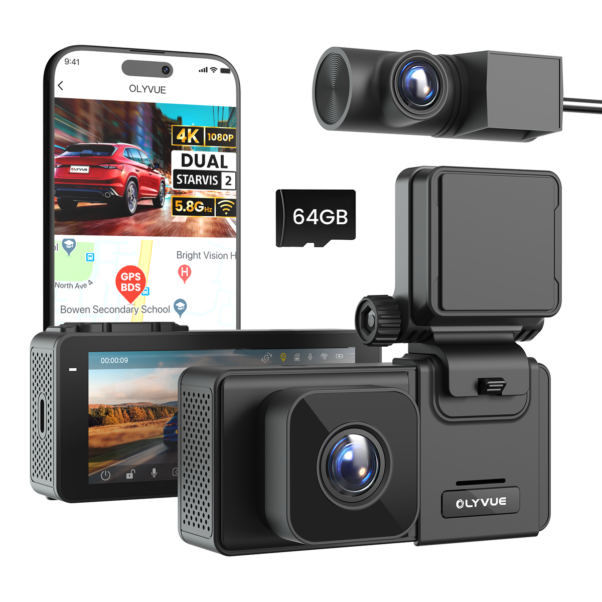 OLYVUE V77 4K front and rear HDR Dash Cam with Dual Sony STARVIS 2 Sensors Super Night Vision 5GHz Wi-Fi